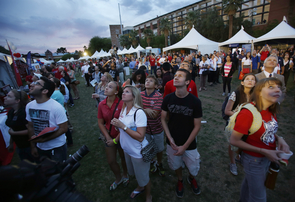 A crowd of onlookers enjoy a fireworks display during Arizona Now's campaign kickoff event Friday evening on the UA Mall. Photo: Mamta Popat